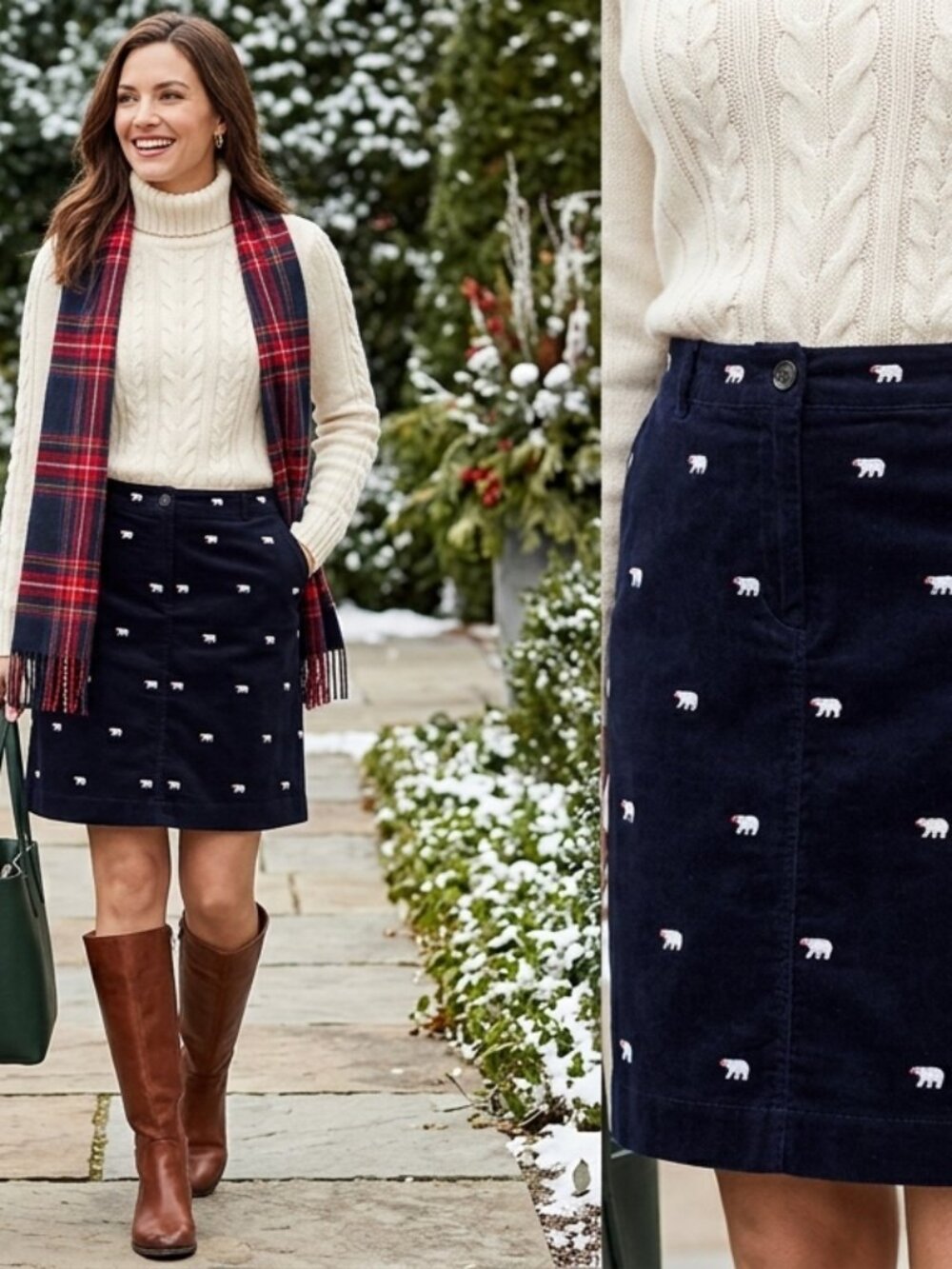 Talbots Women's Size 14 Dark Navy Polar Bear Embroidered Velveteen Skirt